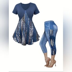 Plus Size Allover Print Two-piece Set, V Neck Short Sleeve T-shirt & Slim Pants
